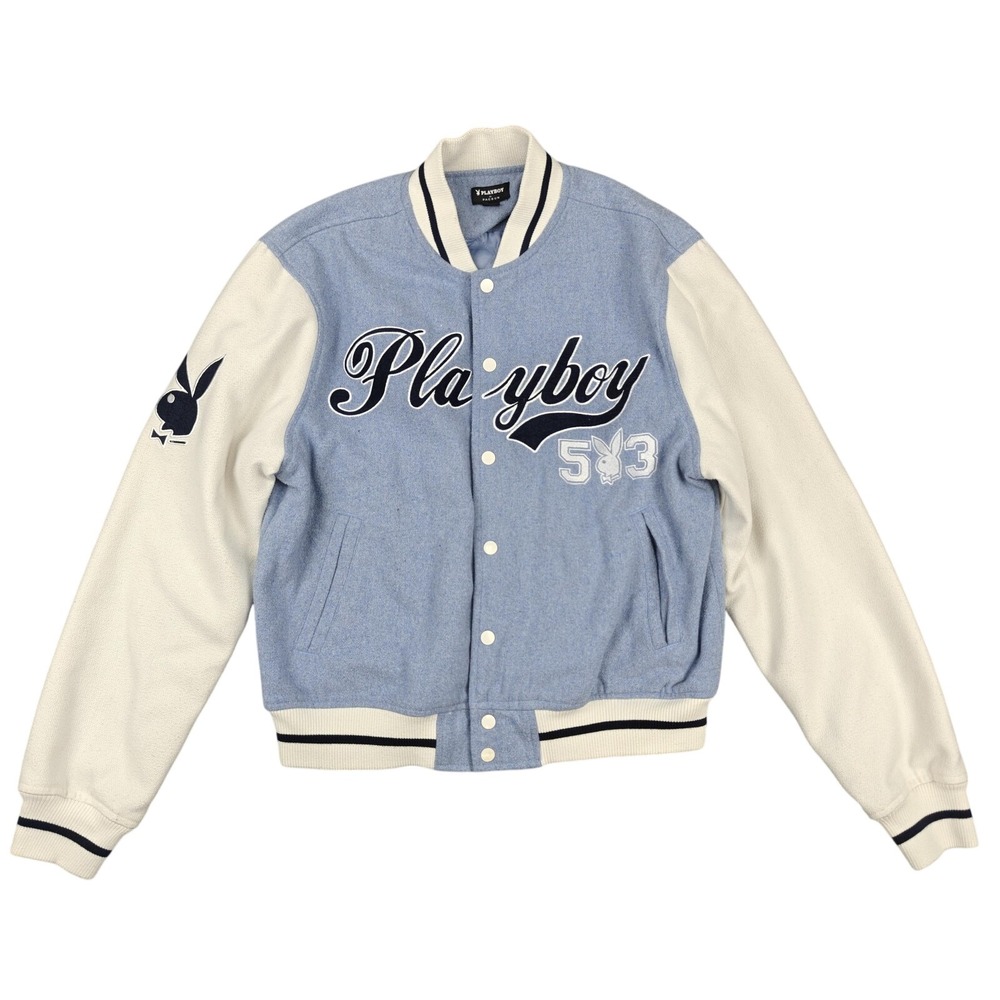 Playboy Jacket Mens Small Blue White Varsity Letterman‎ Quilted Lined 503 PacSun